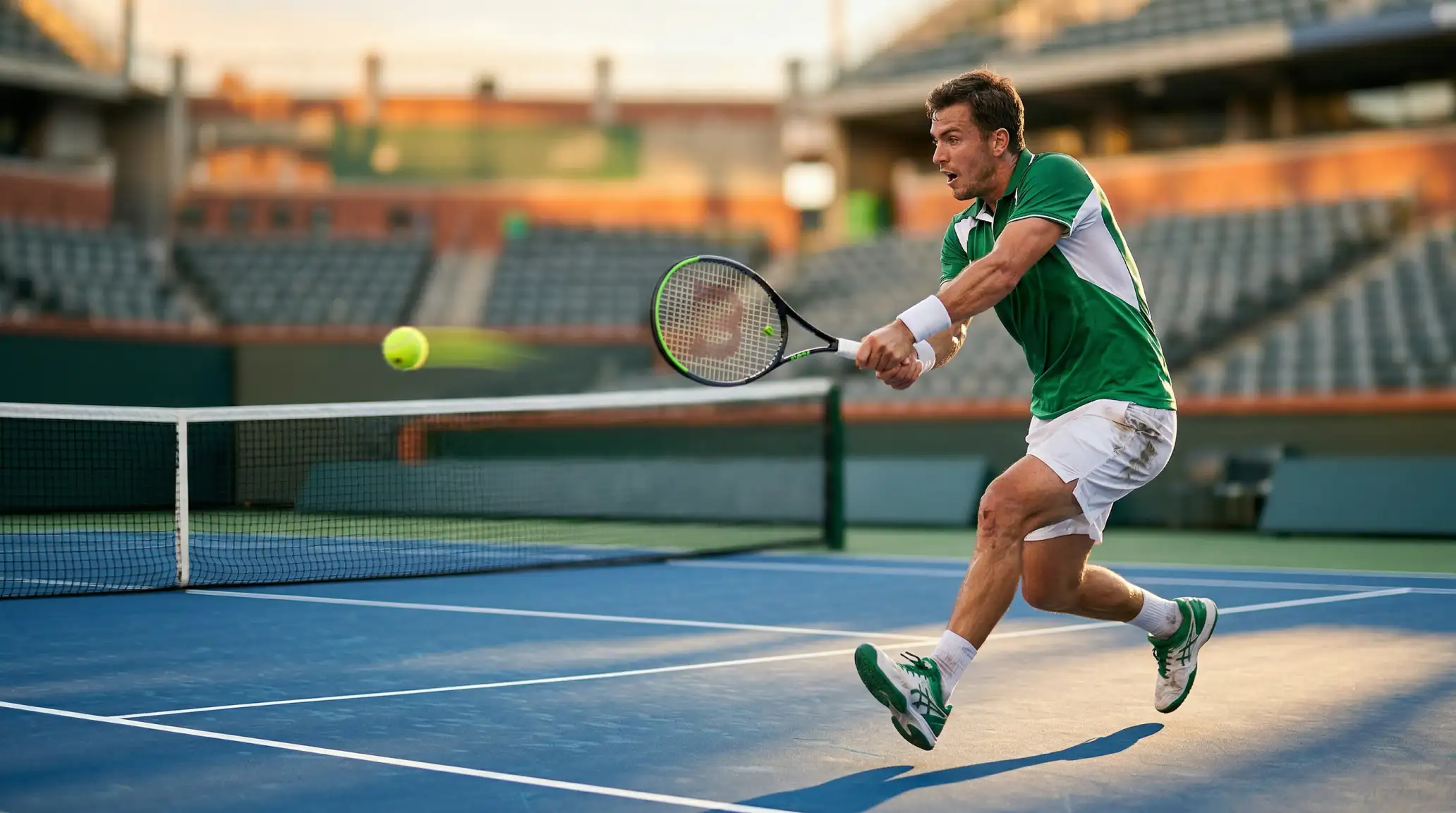 Jugador de tenis profesional ejecutando un golpe potente en pista dura - Guía de apuestas de tenis 2025