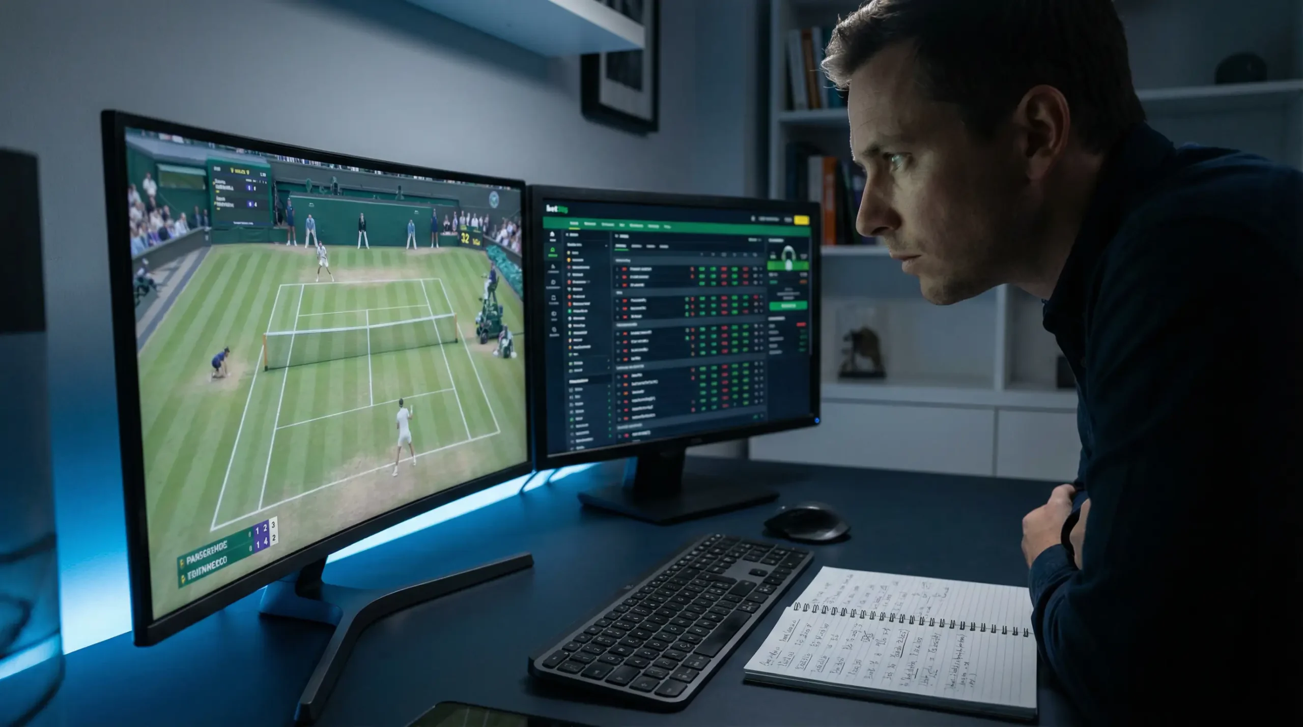 Persona siguiendo un partido de tenis en directo en múltiples pantallas con datos de cuotas en tiempo real