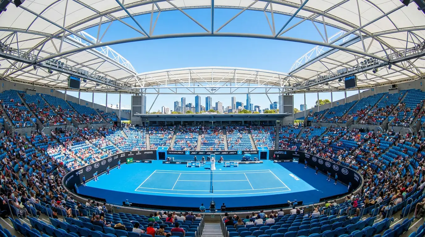 Pista central del Australian Open con superficie dura azul característica bajo el sol de Melbourne