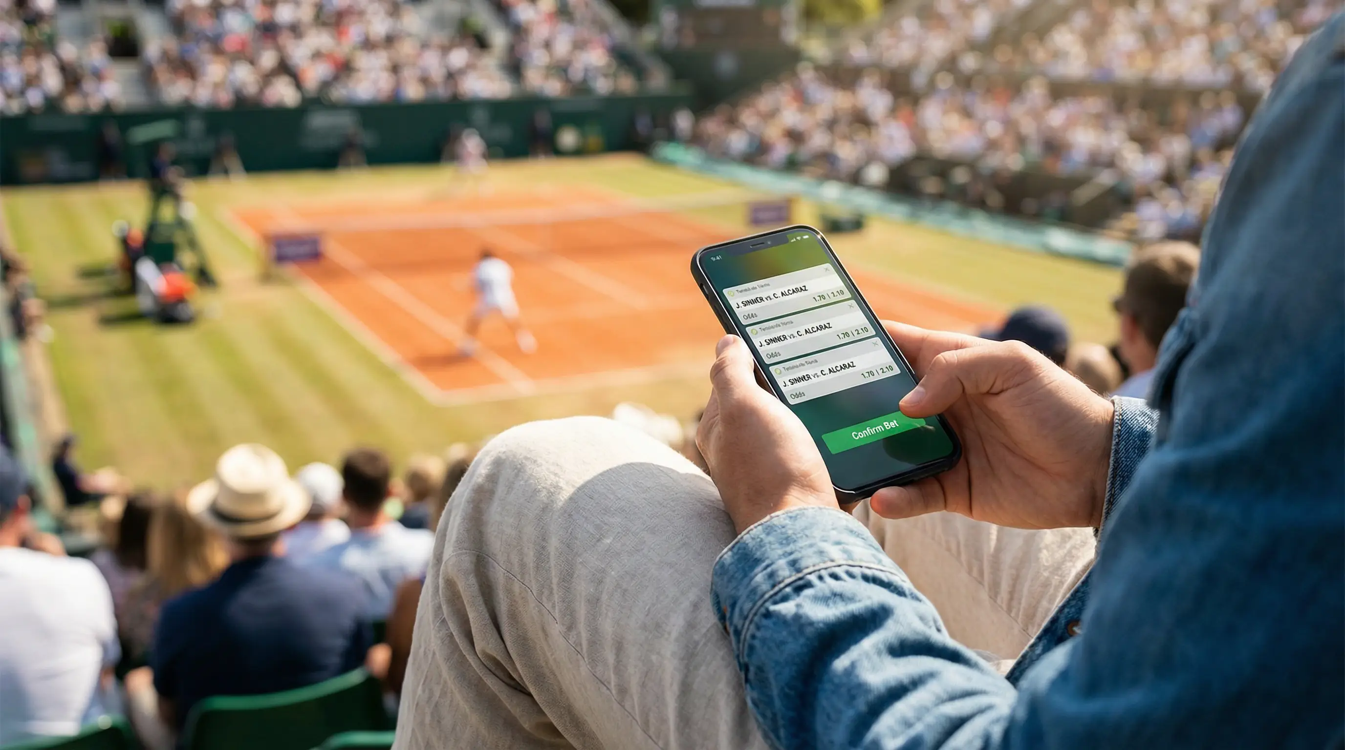 Espectador en gradas de torneo de tenis consultando apuestas en vivo en su smartphone