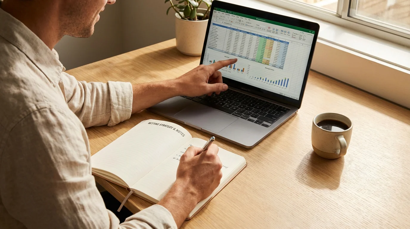 Persona organizando su estrategia de apuestas con notas y datos de rendimiento en un escritorio ordenado