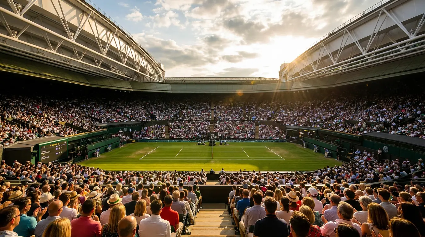 Vista panorámica de un estadio de Grand Slam lleno de espectadores durante un partido de tenis profesional