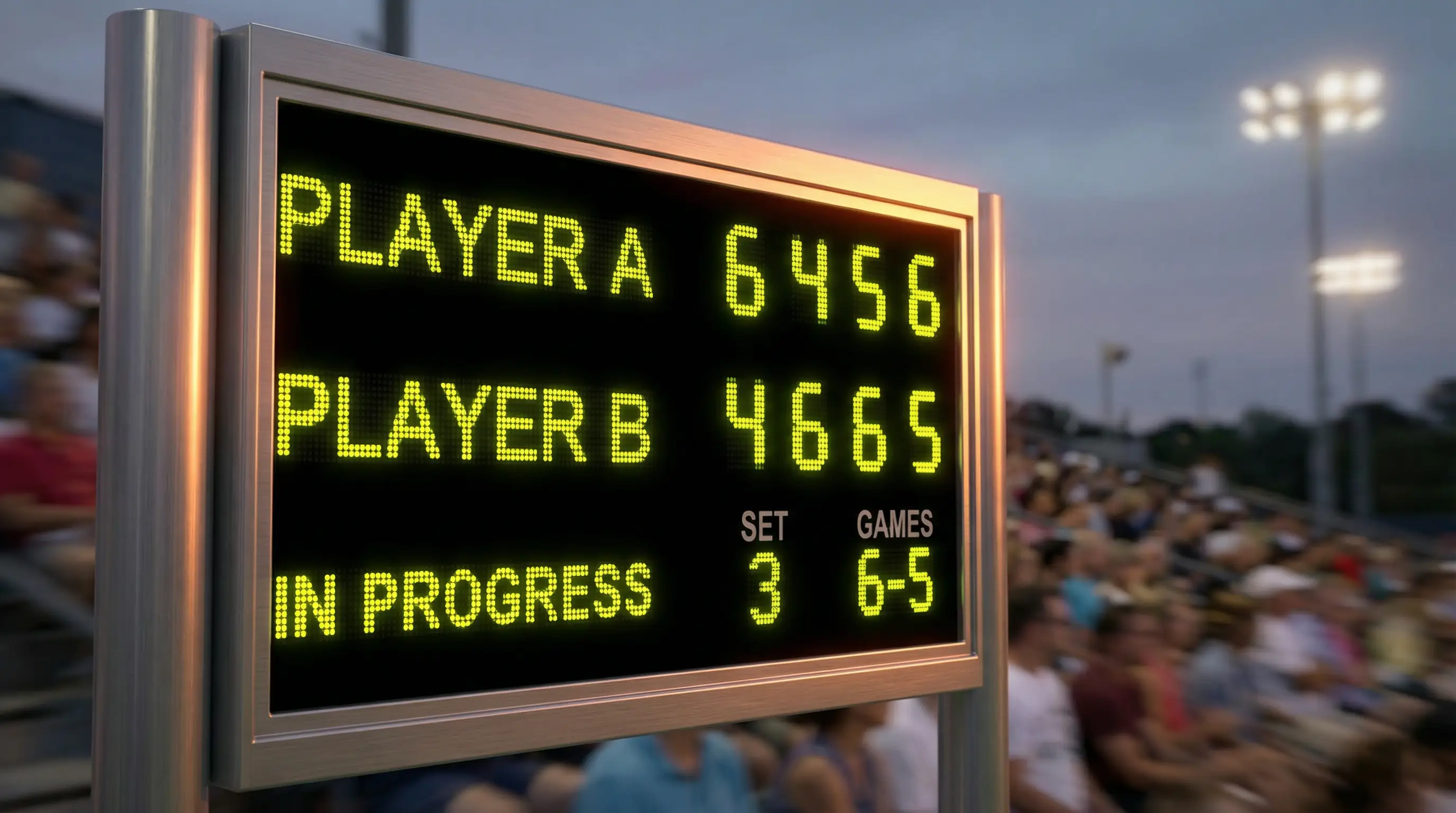 Marcador electrónico de tenis mostrando un resultado ajustado entre dos jugadores profesionales