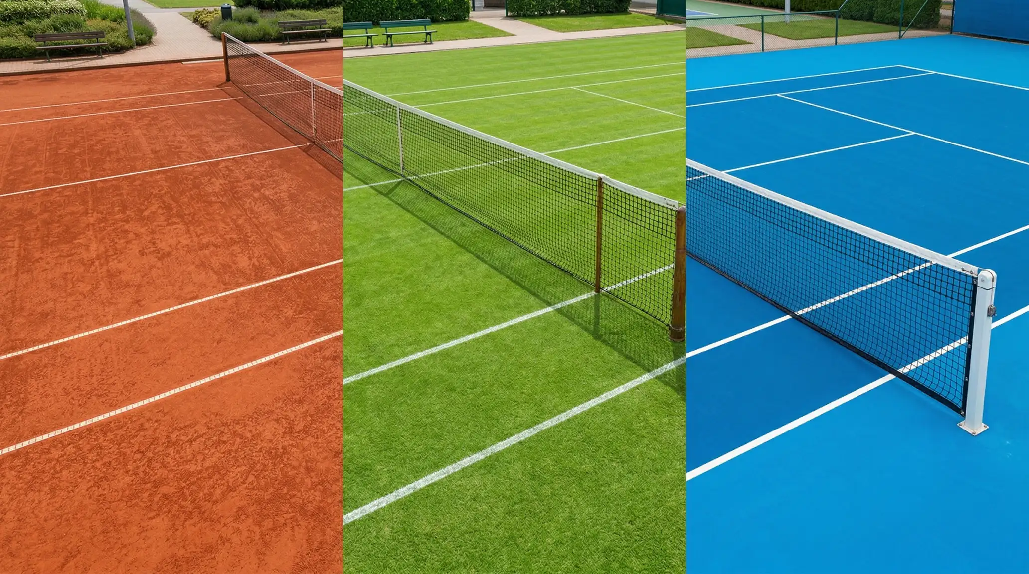 Comparativa visual de las tres superficies del tenis: tierra batida, hierba y pista dura
