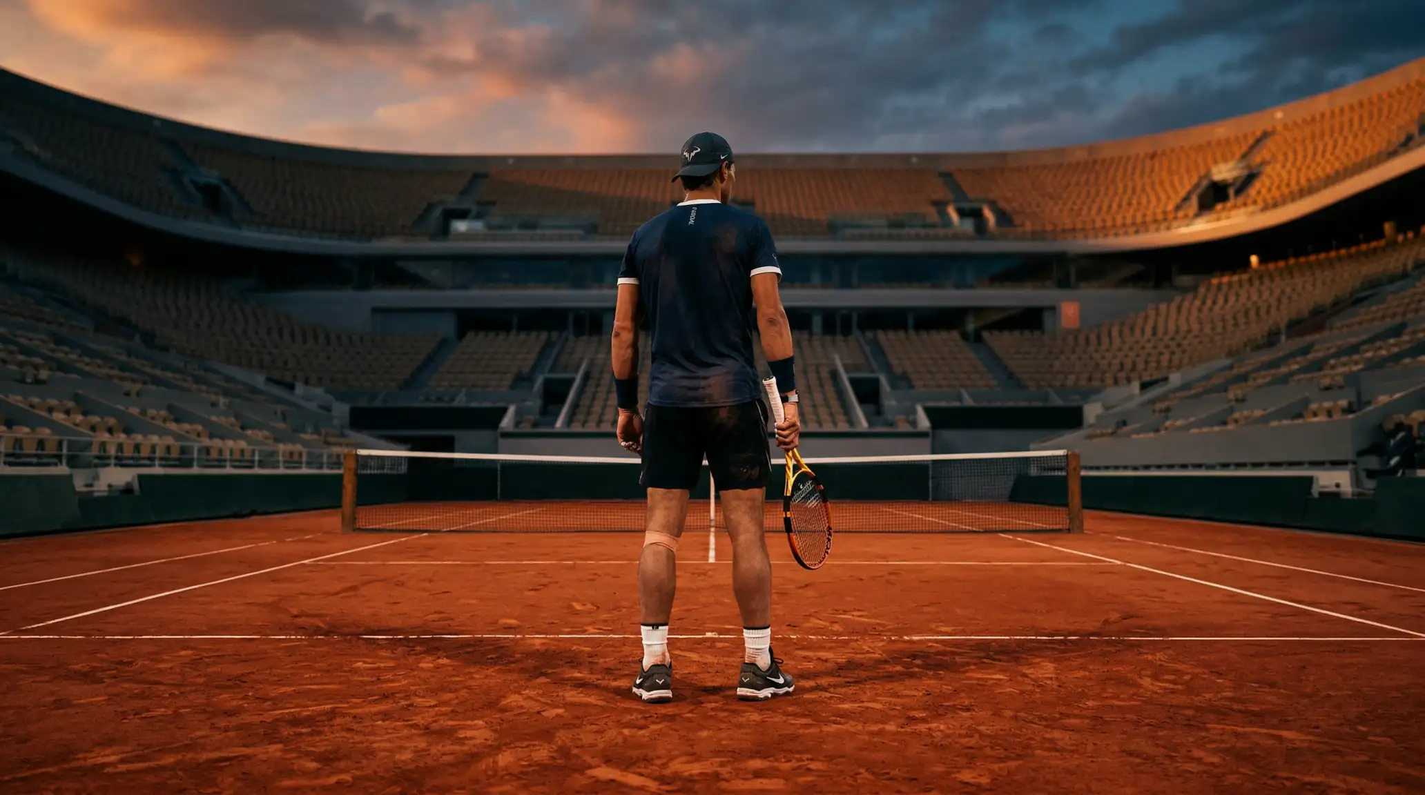 Tenista solitario en pista de tierra batida al atardecer - la concentración individual en el tenis