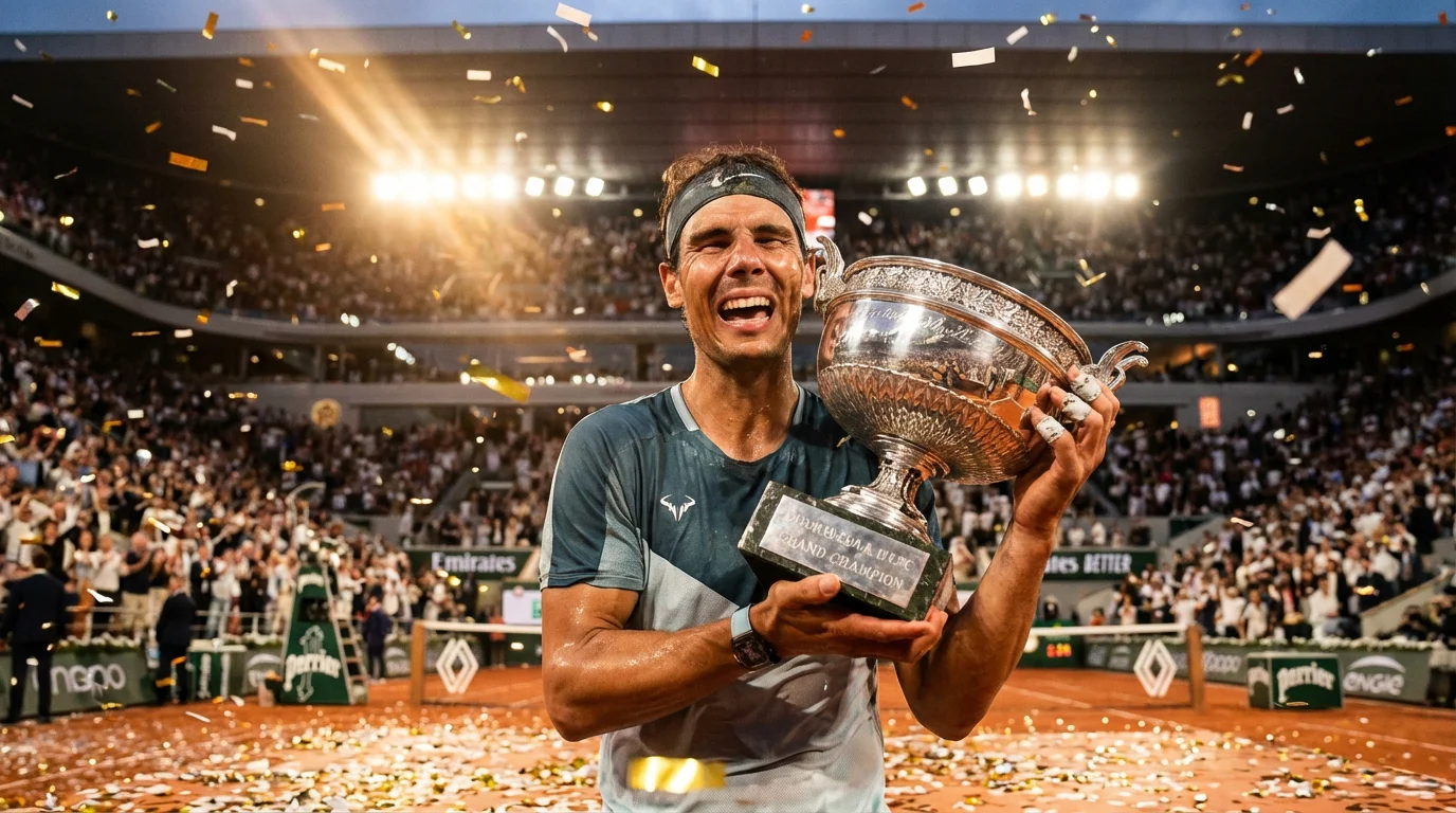 Tenista profesional levantando el trofeo de campeón de Grand Slam con expresión de alegría y emoción
