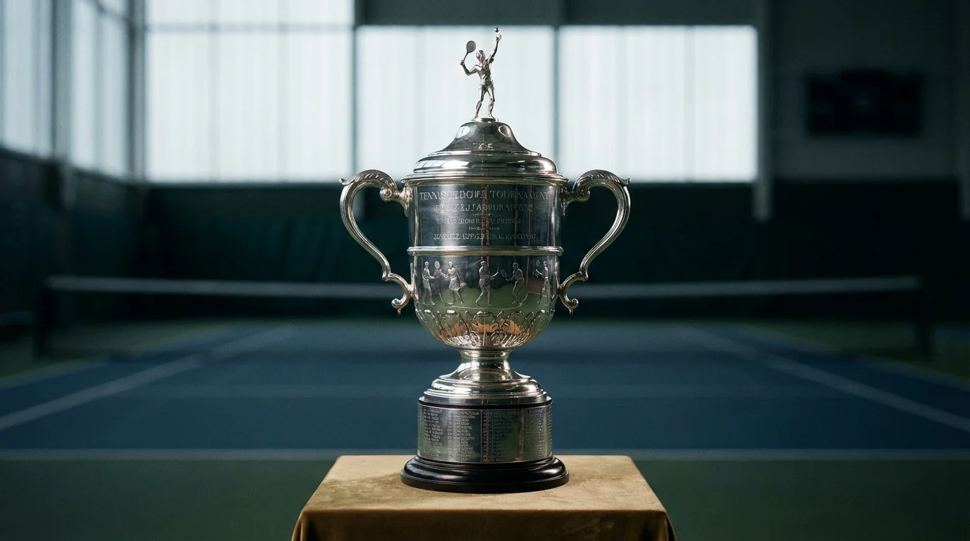 Trofeo brillante de campeón de torneo de tenis profesional sobre pedestal con fondo de pista