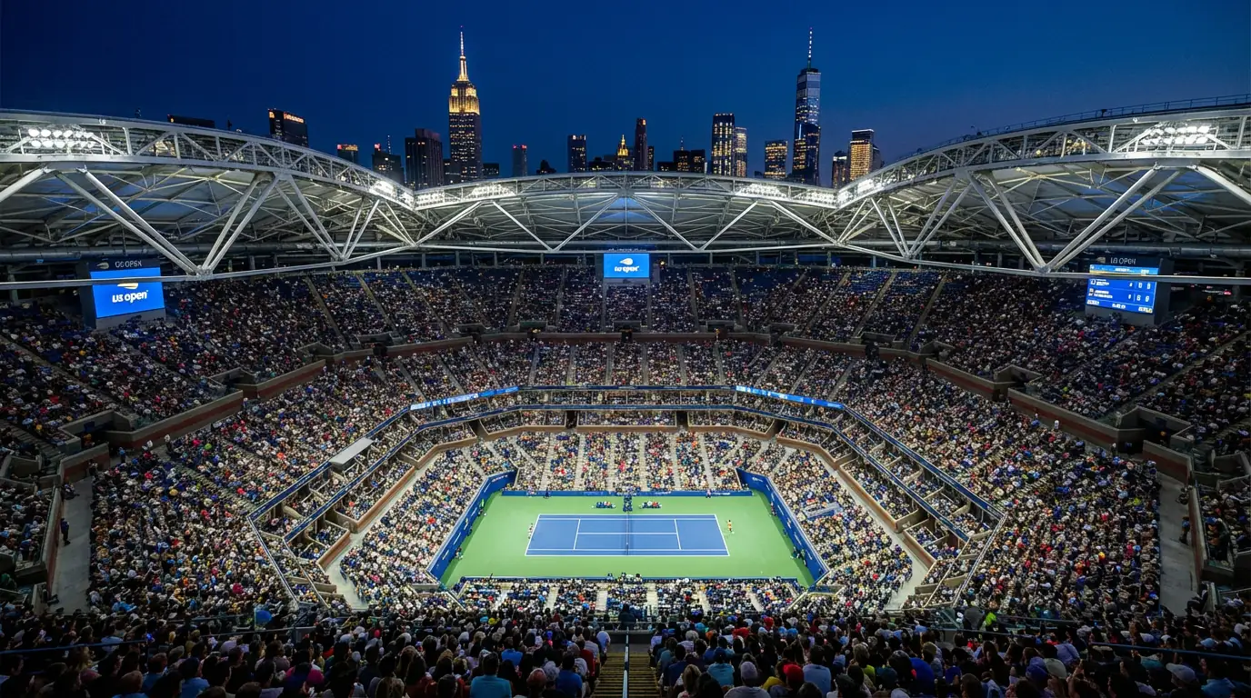 Estadio Arthur Ashe del US Open iluminado de noche con el skyline de Nueva York de fondo