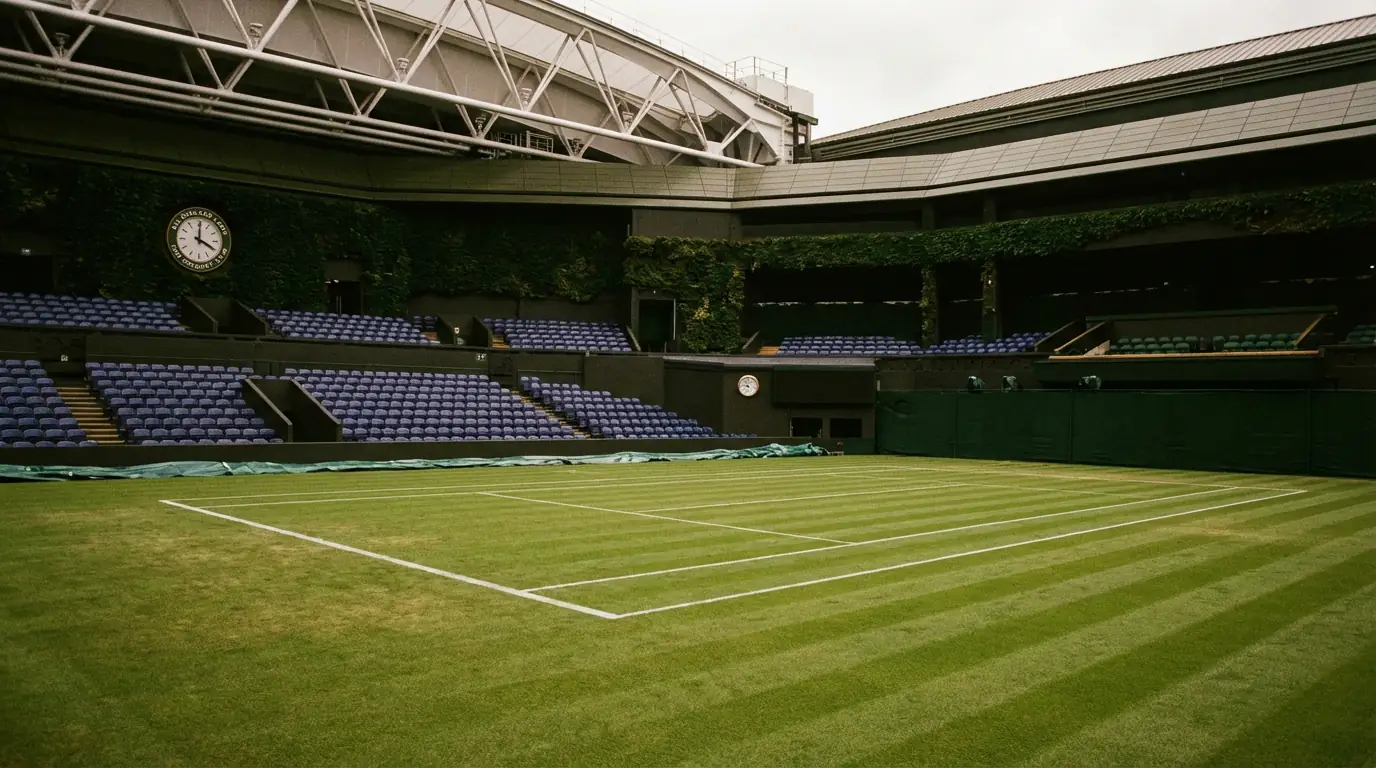 Icónica pista central de Wimbledon con césped verde inmaculado y líneas blancas tradicionales